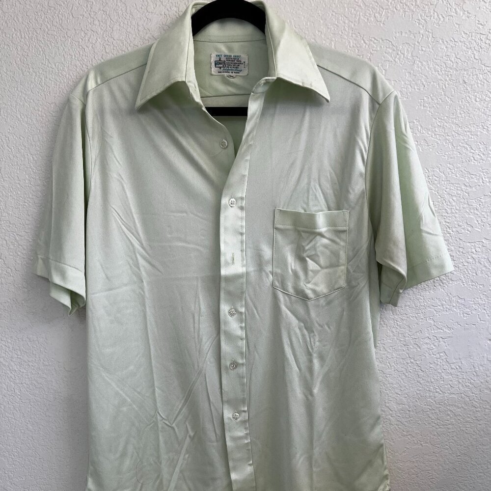 Vtg 1970’s KMart Knit Short Sleeve Shirt Button Up Polyester Size M/L Mint Green